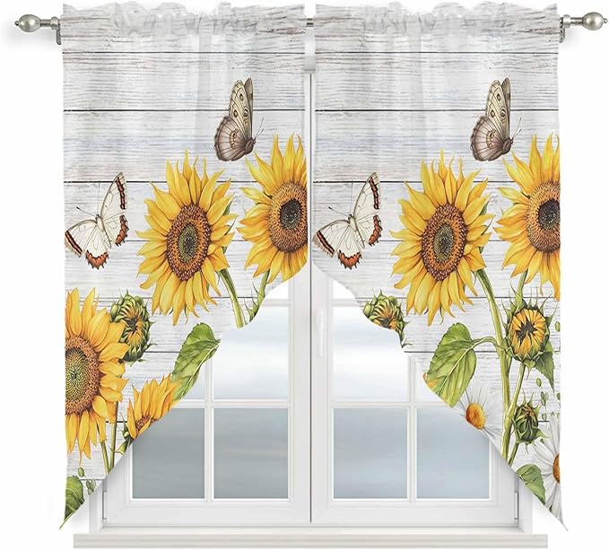 Yellow Sunflowers Swag Valances for Windows, Vintage Country Flowers Butterfly Wood Board Rod Pocket Kitchen Curtains Valance, Kitchen Window Curtains Swag for Cafe Living Room, 2 Panels, 36x63 inch