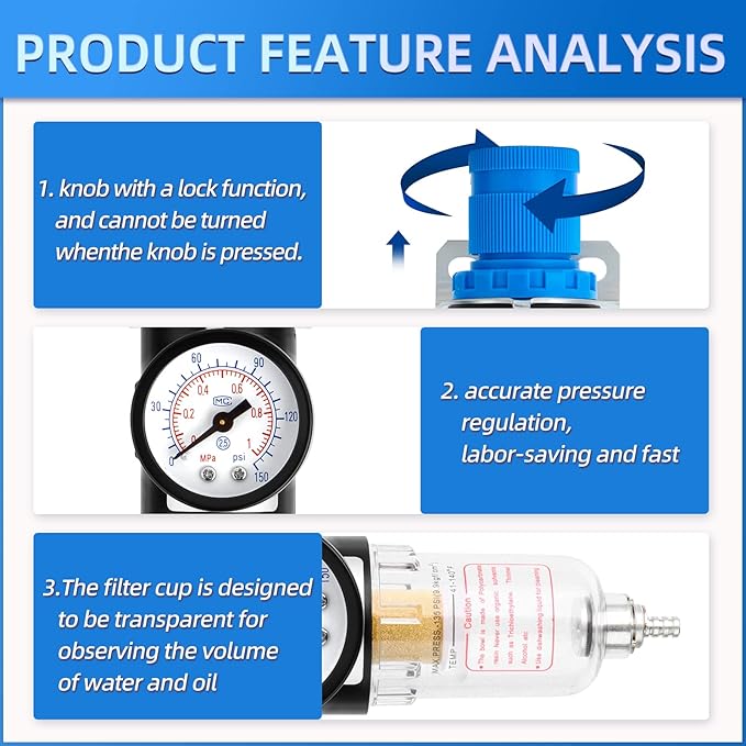 MEANLIN Air Compressor Moisture Filter, AFR2000 Air Line Filter, 1/4" NPT Inlet with 150 PSI Gauge and Valve Shut Off Switch for Air Tools and and Spray Paint Gun
