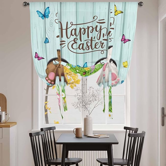 Tie Up Curtains,Happy Easter Bunny Butt Egg Floral Adjustable Rod Pocket Window Shade Curtain Drape Spring Plant on Aqua Wood Tie-Up Valance for Kitchen Bedroom Living Room Windows,42"x63"