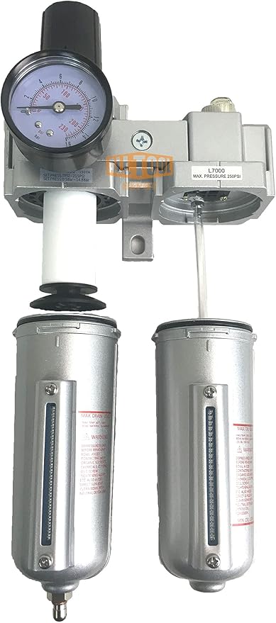 1/2" NPT HEAVY DUTY Compressed Air In Line Filter Regulator Lubricator Oiler Combo Piggyback, Metal Bowl, 5 Micron Element, Adjustable From 7 to 215 PSI (MANUAL DRAIN)