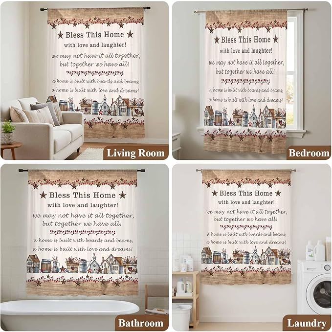 Farmhouse Sheer Curtains 54 Inch Length Country Star Barn Berry Brown Wood Plank Chiffon Curtain for Bedroom Living Room Light Filtering Rod Pocket Window Treatments Voile Curtains Drapes for Kitchen