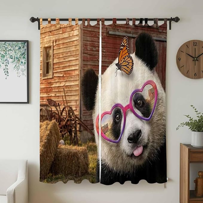 Farm Panda Living Room Curtains 96 Inch Length, Window Curtains Tab Top, Farmhouse Barn Funny Animals Butterfly Light Filtering Window Treatments Drapes 52"x96" 2 Panel