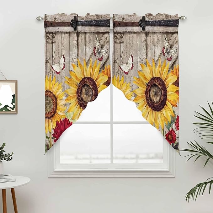 Sunflowers Swag Valances for Windows, Retro Flower Barn Doors Butterfly Farmhouse Brown Rod Pocket Kitchen Curtains Valance, Kitchen Window Curtains Swag for Cafe Living Room, 2 Panels, 36x45 inch