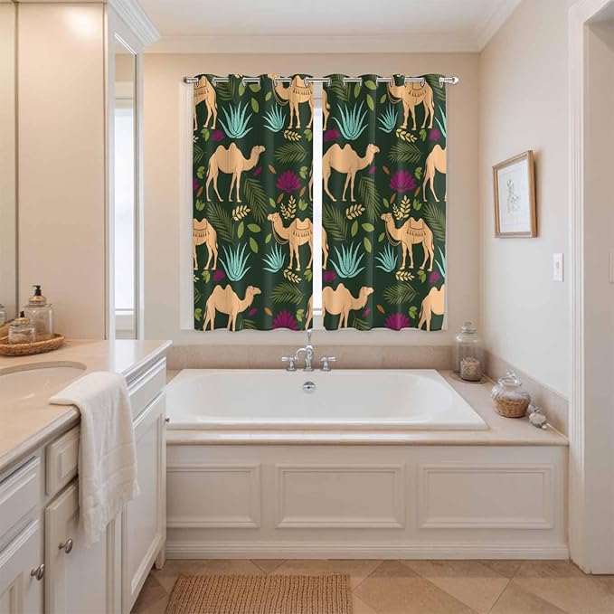2 Panel Kitchen Cafe Curtains, Retro Desert Camel Sunlight Filtering Nature Air Through, Window Decor Tier Curtains for Living Room 104W x 84L inch Tropical Animal Aloe Vera Leaves Dark Green