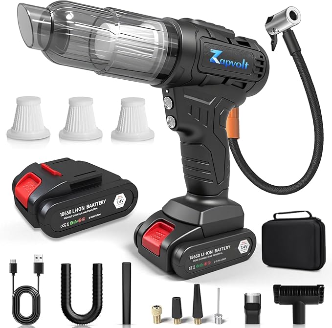 2 in 1 Cordless Car Vacuum and Air Compressor, 5000PA Powerful Suction & 150PSI Auto-Shutoff Tire Inflator, with 3 Filters, LED Light, 45W Fast Charging for Car, Home, Motorcycle, Bicycle, Air Mattres