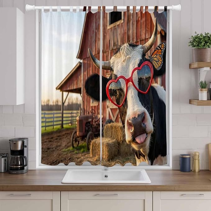 Farm Cows Living Room Curtains 84 Inch Length, Window Curtains Tab Top, Farmhouse Barn Funny Animals Butterfly Light Filtering Window Treatments Drapes 52"x84" 2 Panel