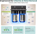 iSpring WGB21B-KS+AHPF12MNPT16X2 2-Stage Whole House Water Filtration System w/ 3/4'' Push-Fit Braided Stainless Steel Hose Connectors, Removes Chlorine, Lead, Odor and More, 1" Inlet/Outlet Ports