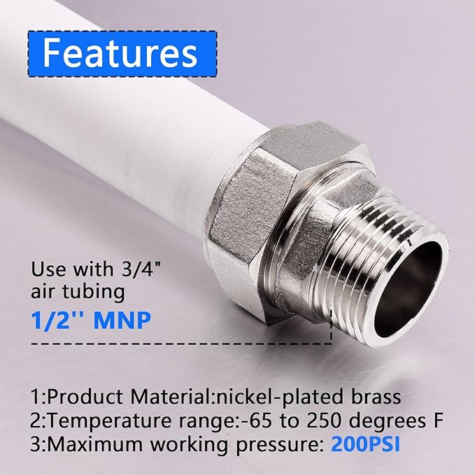 Air Line Fittings For Garage Shop Compressed Air Line Kit System, 3/4"Piping x 1/2"NPT Male Straight Air Piping Fittings,Nickel Plated Brass 2 Pack