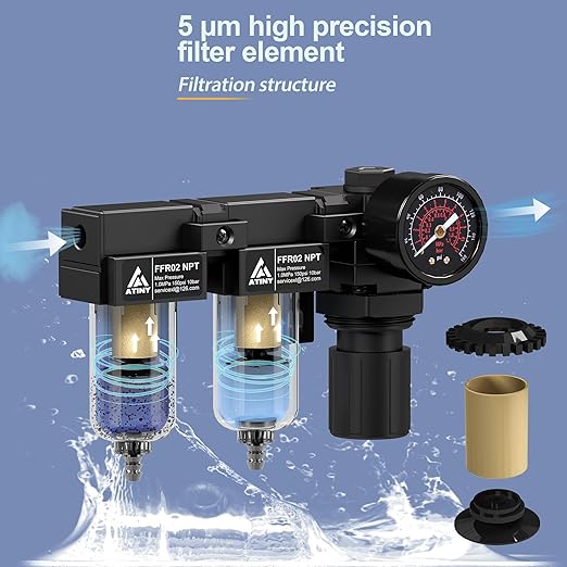 1/4" NPT Compressed air Dryer,Air Pressure Regulator Filter Combo,Air Compressor Filter Dryer,5 and 5 Micron Filter Cartridge,Semi-Auto Drain, Metal Bracket