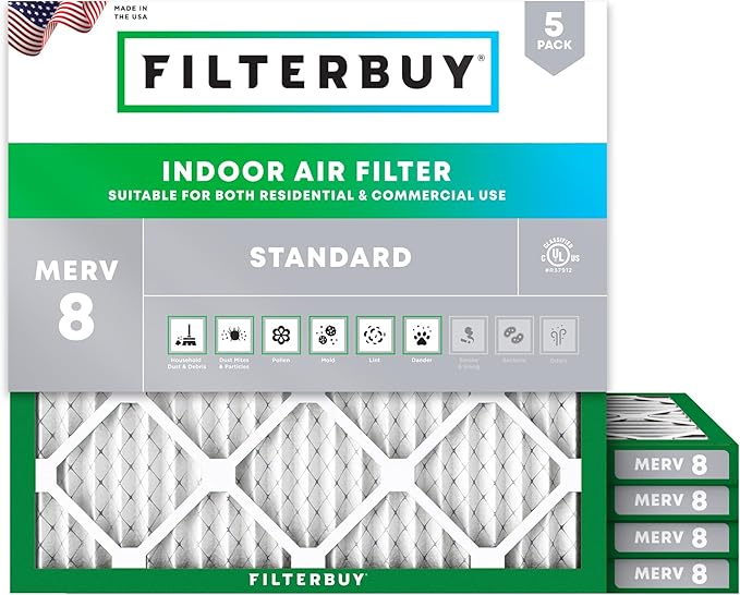 Filterbuy 17x17x1 Air Filter MERV 8 Essential Dust & Allergy Defense (5-Pack), Electrostatic Pleated HVAC AC Furnace Filters Replacement, Made in USA (Actual Size: 17.00 x 17.00 x 0.75)