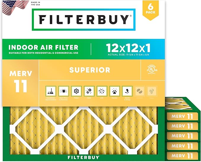 Filterbuy 12x12x1 Air Filter MERV 11 Superior Pet & Allergy Defense (6-Pack), Electrostatic Pleated HVAC AC Furnace Filters Replacement, Made in USA (Actual Size: 11.75 x 11.75 x 0.75)
