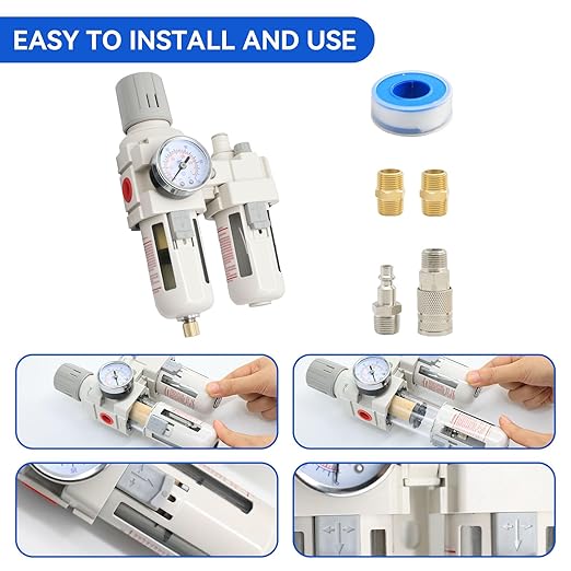 3/8"-Air-Dryer-for-Compressor, Air-Compressed-Filter-Regulator Lubricator Combo Water-Oil Trap Separator, NPT Semi-Auto Drain 0-150PSI