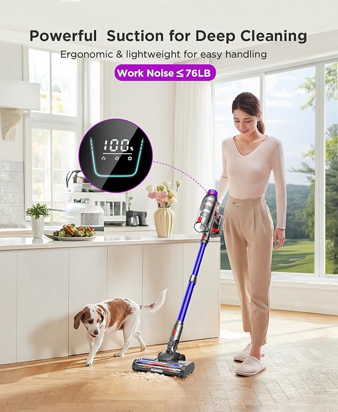 Cordless Stick Vacuum Cleaner for Home: Power Suction Vacuum Tangle-Free Lightweight Design & 2600mAh Detachable Battery Up to 50mins Runtime for Pet Hair Carpet Hardwood Floor