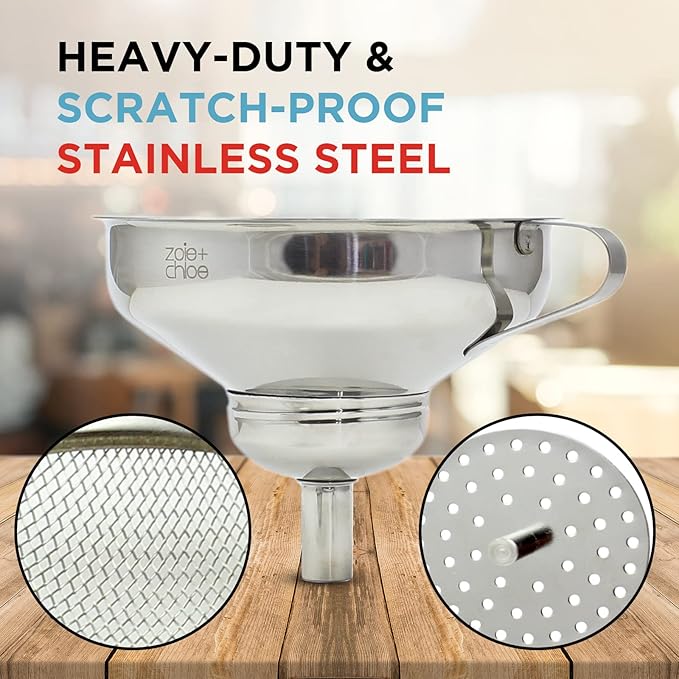 Zoie + Chloe 3-in-1 Stainless Steel Funnel Set - Kitchen Funnels with Detachable Fine Mesh Filter & Strainer for Filtering Herbs, Food Bits - Durable Stainless Steel - Ease to Use, Dishwasher Safe
