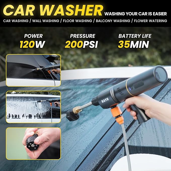 BAYU 6 in 1 Car Jump Starter Kit with 19000PA Car Vacuum Cleaner & Universal Battery, Cordless Pressure Washer, 150PSI Tire Inflator, Air Compressor, Portable 12V 1500A Auto Jump Box (6 Pcs)