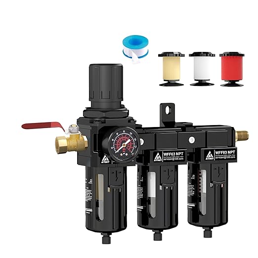 Three Stage Air Drying System, 3/8" NPT Air Dryer System Air Compressor Filter Dryer,5 &0.5 &0.01 Micron Filter Cartridge,Semi-Auto Drain, Metal Bracket-Blue