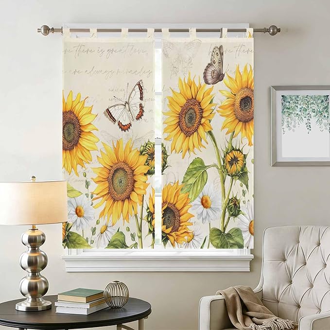 Farm Sunflowers Bathroom Curtains 63 Inch Length, Window Curtains Tab Top, Retro Flowers Butterfly Botanical Beige Light Filtering Window Treatments Drapes 52"x63" 2 Panel