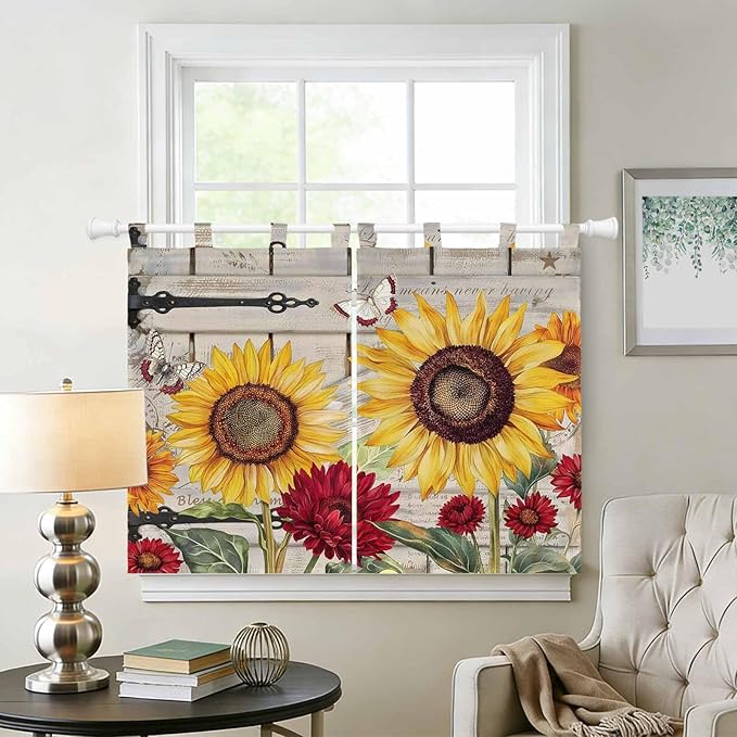 Red Yellow Sunflowers Kitchen Curtains 45 Inch Length, Short Cafe Window Curtains Tab Top, Retro Rustic Barn Doors Butterfly Brown Light Filtering Window Treatments Tier Drapes 27.5"x45" 2 Panel