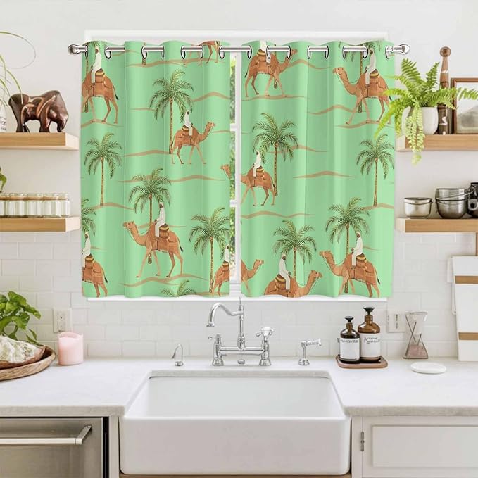 2 Panel Kitchen Cafe Curtains, Desert Camels Sunlight Filtering Nature Air Through, Home Decor Window Covering Tier Curtains for Living Room 104W x 72L inch Tropical Date Palm Trees Animal Green