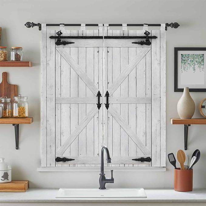 Farmhouse Wood Grain Bathroom Curtains 63 Inch Length, Window Curtains Tab Top, Vintage Country Barn Gate Grey Light Filtering Window Treatments Drapes 52"x63" 2 Panel