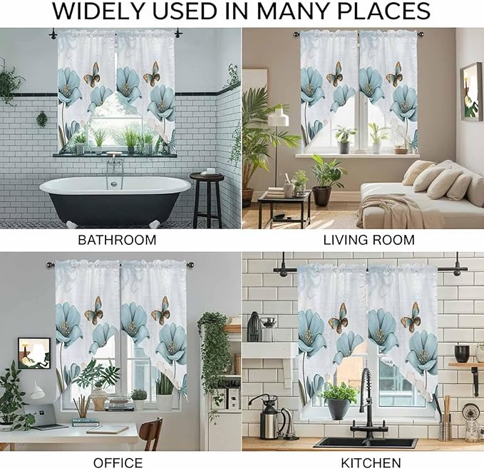 Blue Tulips Swag Valances for Windows, Watercolor Flowers Butterfly Spring Farmhouse Blue Rod Pocket Kitchen Curtains Valance, Small Window Curtains Swag for Cafe Living Room, 2 Panels, 28x36 inch