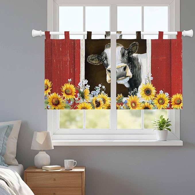 Cows Sunflowers Kitchen Curtains 36 Inch Length, Small Window Curtains Tab Top, Rustic Farms Barns Flowers Bees Animals Light Filtering Short Window Treatments Tier Drapes 27.5"x36" 2 Panel