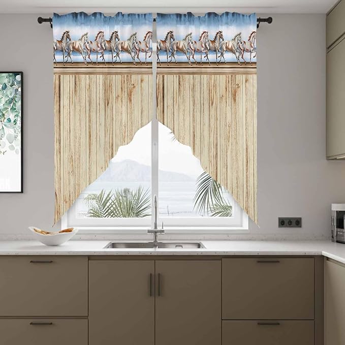 Western Horse Swag Valances for Windows, Farmhouse Wooden Grain Vintage Cowboy Barn Door Rod Pocket Kitchen Curtains Valance, Small Window Curtains Swag for Cafe Living Room, 2 Panels, 36x36 inch