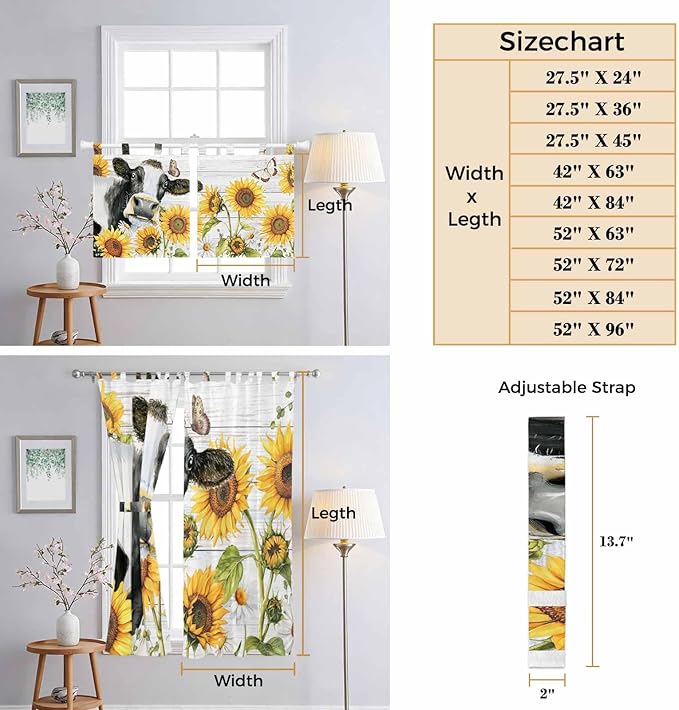 Retro Farmhouse Floral Kitchen Curtains 24 Inch Length, Small Window Curtains Tab Top, Yellow Sunflowers Cows Butterfly Wood Light Filtering Short Window Treatments Tier Drapes 27.5"x24" 2 Panel