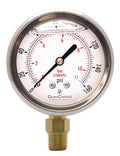 2-1/2" Oil Filled Pressure Gauge - Stainless Steel Case, Brass, 1/4" NPT, Lower Mount Connection, 0-160PSI