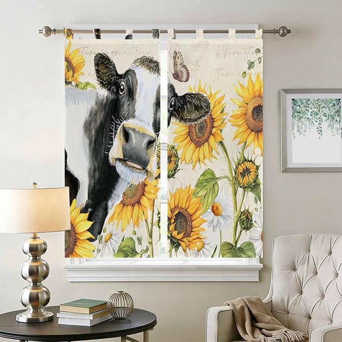 Yellow Sunflowers Bedroom Curtains 72 Inch Length, Window Curtains Tab Top, Country Cow Flower Butterfly Farmhouse Cream Light Filtering Window Treatments Drapes 52"x72" 2 Panel