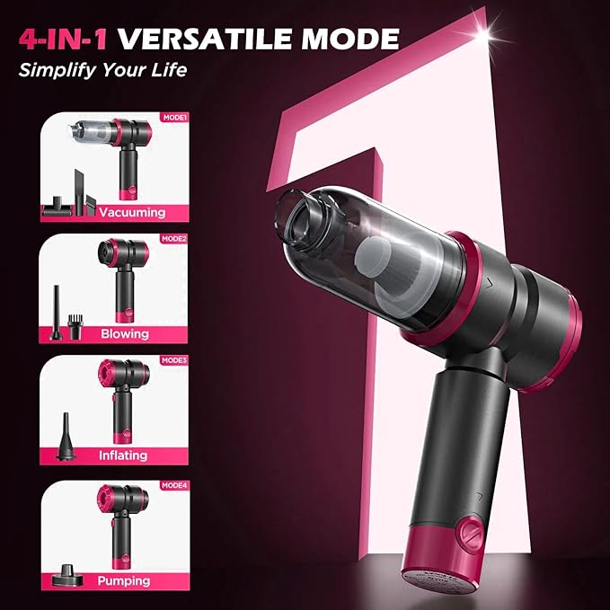Handheld Car Vacuum with 15000PA Power, 4 in 1 Powerful Cordless Vacuum Cleaner & Air Duster with 2000mAh Battery, Rechargeable Portable Mini Hand Held Vacuum for Car, Home,Office,Pet Hair（Pink）