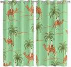 2 Panel Kitchen Cafe Curtains, Desert Camels Sunlight Filtering Nature Air Through, Home Decor Window Covering Tier Curtains for Living Room 104W x 84L inch Tropical Date Palm Trees Animal Green