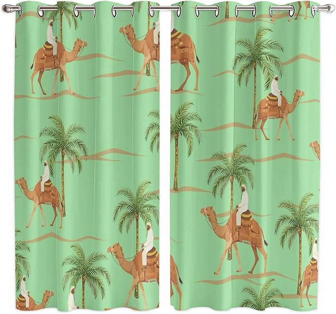 2 Panel Kitchen Cafe Curtains, Desert Camels Sunlight Filtering Nature Air Through, Home Decor Window Covering Tier Curtains for Living Room 80W x 63L inch Tropical Date Palm Trees Animal Green