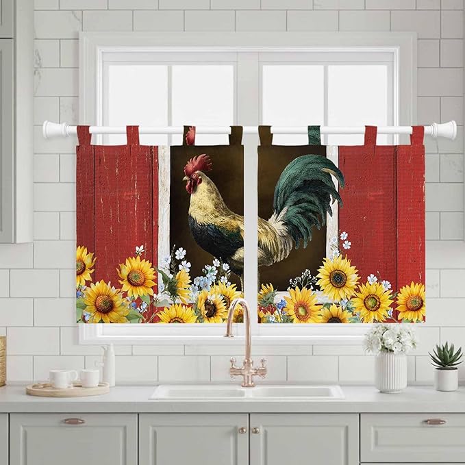 Chicken Sunflowers Kitchen Curtains 36 Inch Length, Small Window Curtains Tab Top, Farmhouse Animals Red Barn Bees Light Filtering Short Window Treatments Tier Drapes 27.5"x36" 2 Panel