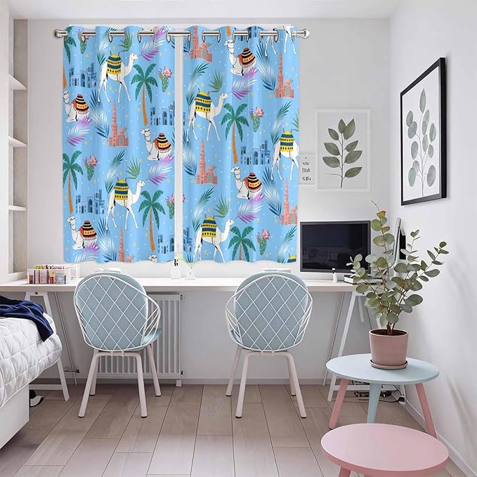2 Panel Kitchen Cafe Curtains, Desert Landscape Sunlight Filtering Nature Air Through, Window Decor Tier Curtains for Living Room 104W x 63L inch Cute Camels Palm Trees Houses Leaves Blue