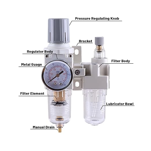 1/4 Inch NPT Compressed Air Filter Regulator Lubricator Combo, Water Oil Trap Separator, Semi-Auto Drain, Air Pressure Regulator AC2010-2, 0-150 PSI Gauge