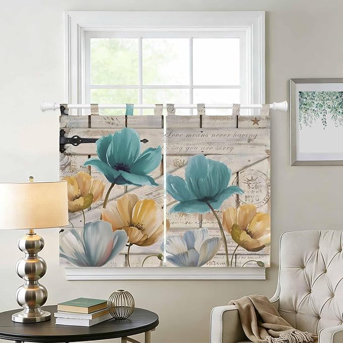 Watercolor Flowers Kitchen Curtains 45 Inch Length, Short Cafe Window Curtains Tab Top, Vintage Tulips Floral Barn Doors Wood Grain Light Filtering Window Treatments Tier Drapes 27.5"x45" 2 Panel