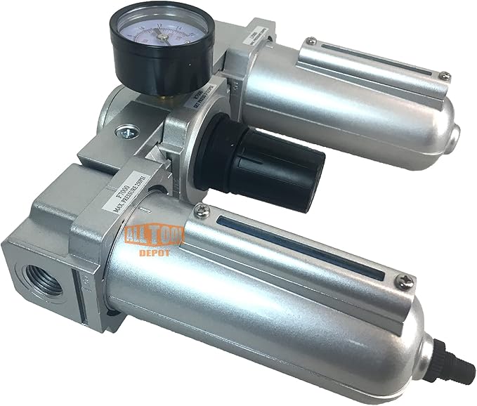1/2" NPT HEAVY DUTY Compressed Air In Line Filter Regulator Lubricator Oiler Combo, Metal Bowl, 5 Micron Element, Adjustable From 7 to 175 PSI (AUTO DRAIN)