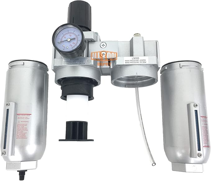 1" NPT SUPER DUTY Compressed Air In Line Filter Regulator Lubricator Oiler Combo Piggyback, Metal Bowl, 5 Micron Element, Adjustable From 7 to 175 PSI (AUTO DRAIN)