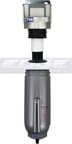 HEAVY DUTY INDUSTRIAL RATED HIGH FLOW PARTICULATE FILTER, IN-LINE WATER TRAP FOR COMPRESSED AIR LINE SYSTEMS, 5 MICRON WITH METAL BOWL AND AUTO DRAIN (1/2" NPT, 11oz)