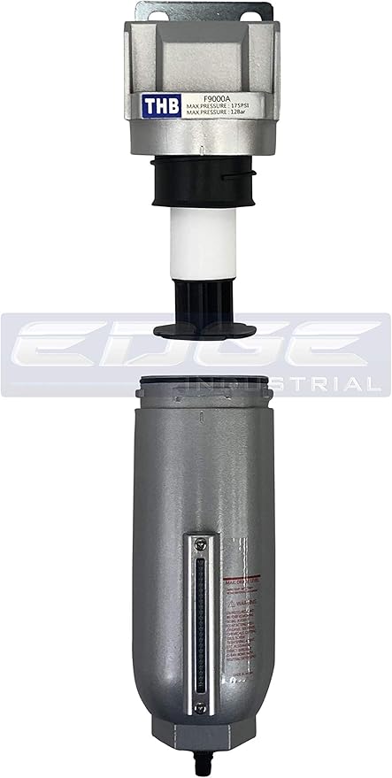 HEAVY DUTY INDUSTRIAL RATED HIGH FLOW PARTICULATE FILTER, IN-LINE WATER TRAP FOR COMPRESSED AIR LINE SYSTEMS, 5 MICRON WITH METAL BOWL AND AUTO DRAIN (3/4" NPT, 11oz)
