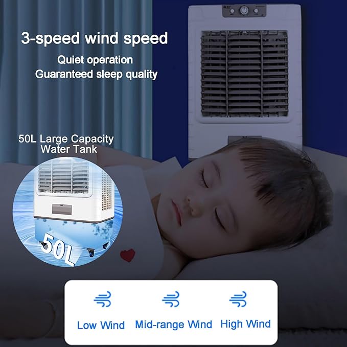 Portable Evaporative Air Cooler with 4 Wheels, Large Water Tank, Wide Oscillation, Multiple Speeds for Large Room Cooling
