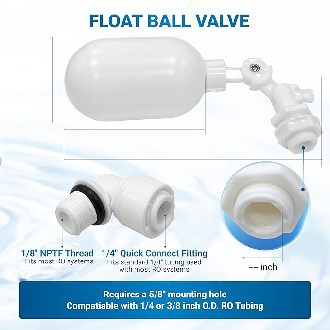 Max Water Filter Float Ball Valve with 1/4 inch Quick Connect Push in to Connect Tube Fittings, Adjustable Plastic Float Valve for Aquarium Reverse Osmosis Systems Water Purifiers