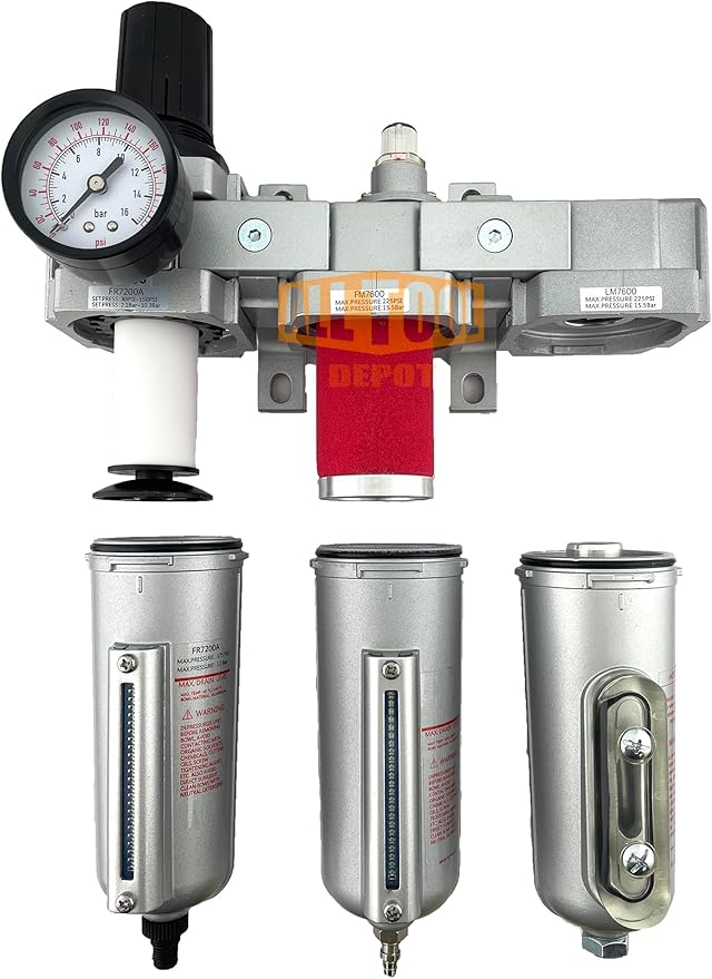 3 STAGE, HEAVY DUTY INDUSTRIAL GRADE FILTER REGULATOR COALESCING DESICCANT DRYER SYSTEM FOR COMPRESSED AIR LINE, METAL BOWLS, GREAT FOR PAINT SPRAY AND PLASMA CUTTER W/ELEMENTS (3/4"NPT, AUTO DRAIN)