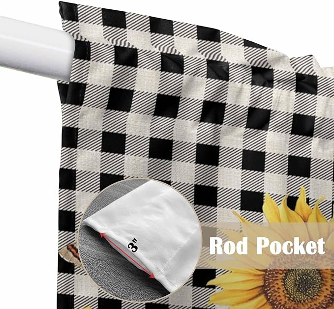 Sunflowers Swag Valances for Windows, Yellow Flowers Butterfly Farmhouse Black Plaid Rod Pocket Kitchen Curtains Valance, Small Window Curtains Swag for Cafe Bathroom Living Room, 2 Panels, 36x36 inch