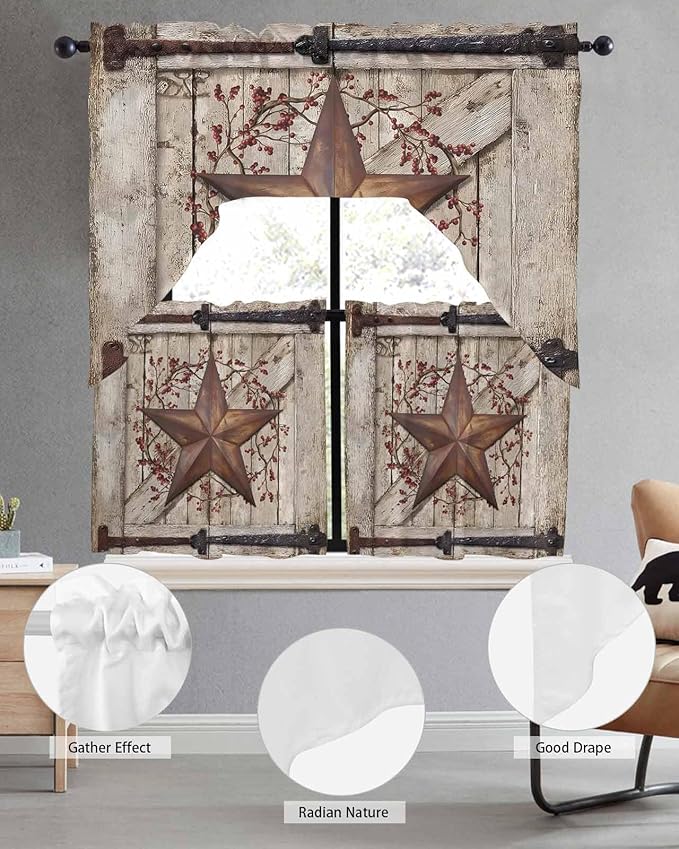 Country Star Swag Kitchen Curtains Valance and Tier Set, VintageRust Yellow Star Berry Beige Barn Gate Light-Filtering Swag Valance 24 Inch Length, Rod Pocket Short Curtain for Bedroom Cafe