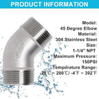45 Degree Elbow 1PCS, 1-1/4" NPT Male X 1-1/4" NPT Male 304 Stainless Steel Pipe Fitting, Connector Coupler Apply to Outdoor Garden Industrial