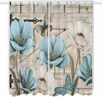 Teal Blue Tulips Living Room Curtains 84 Inch Length, Window Curtains Tab Top, Spring Floral Barn Doors Vintage Wood Beige Light Filtering Window Treatments Drapes 52"x84" 2 Panel