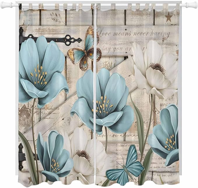 Teal Blue Tulips Living Room Curtains 84 Inch Length, Window Curtains Tab Top, Spring Floral Barn Doors Vintage Wood Beige Light Filtering Window Treatments Drapes 52"x84" 2 Panel