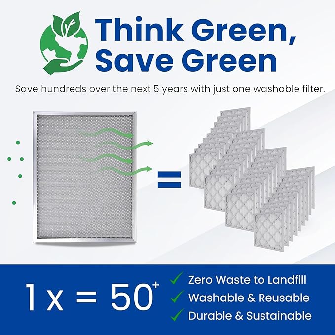 McPherson Reusable Air Filter 25x16x1 | Washable MERV 8 | Made in USA Metal Frame | HVAC AC Furnace | Permanent | Pet Dust Filtration